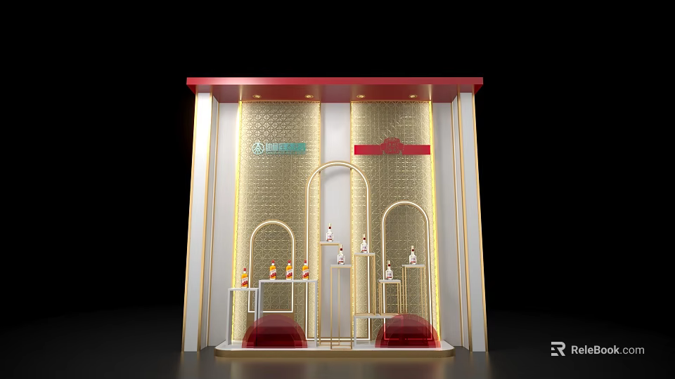 Luxurious Retail Window Display With Golden Arched Design Red Accents And Decorative Items 3d model 