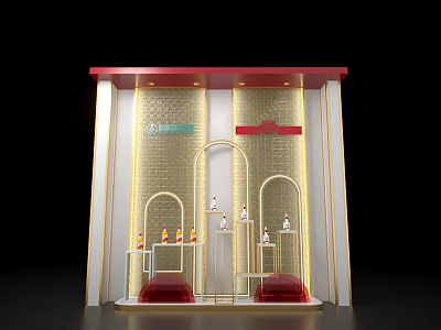 Luxurious Retail Window Display With Golden Arched Design Red Accents And Decorative Items 3d model