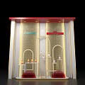Luxurious Retail Window Display With Golden Arched Design Red Accents And Decorative Items