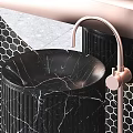 Luxury Modern Washbasin With Black Marble Rose Gold Faucet Geometric Wall And Circular Mirror Design