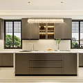 Modern Kitchen Interior With Island Counter Cabinets Appliances And Pendant Lights