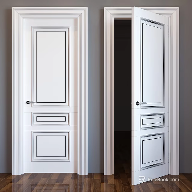 White Hinged Door With Simple Panel Design Open In Modern Home Interior Decoration 3d model 