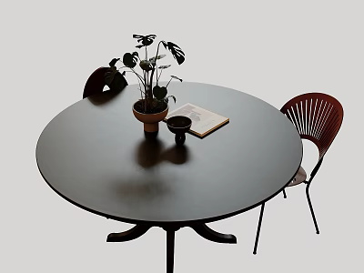 Black Round Dining Table Set With Two Chairs Plant Book And Cup 3d model