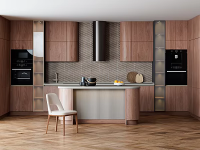 Modern Kitchen Wooden Cabinets With Central Island Appliances And Herringbone Wood Floor 3d model