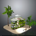 Green Double Decker Motorhome With Palm Tree Small Tree Bench Street Lamp In Outdoor Setting
