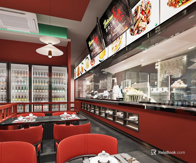 Modern Restaurant Interior With Red Walls Red Chairs Open Counter And Food Displays 3d model 