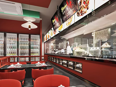 Modern Restaurant Interior With Red Walls Red Chairs Open Counter And Food Displays 3d model