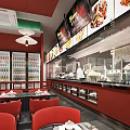 Modern Restaurant Interior With Red Walls Red Chairs Open Counter And Food Displays