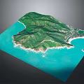 3D Island Model With Green Mountain Terrain And Blue Ocean Surroundings