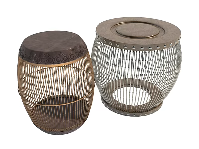 Two Woven Stools with Round Tops Metal Wire Design and Decorative Edges for Modern Home 3d model