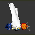 3D Robot Character Featuring Yellow Horns Blue Orange Arms White Body Claw Feet And Sword