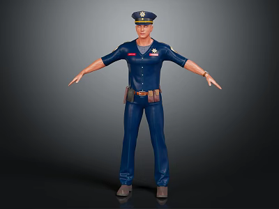 Realistic Male Police Officer In Blue Uniform With Cap Badge And Utility Belt Standing Pose 3d model