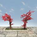 Two Red Leaf Trees with Vibrant Foliage on Stone Paved Ground under Blue Sky 3d model