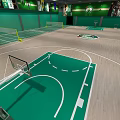 Spacious Indoor Basketball Court With Wooden Floor Green Walls And Ceiling Lights