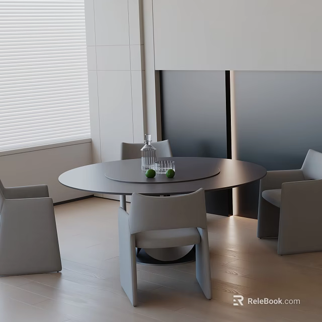 Modern Dining Table Set With Round Table Chairs Glass Bottle And Green Fruits In Interior 3d model 