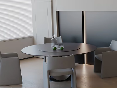 Modern Dining Table Set With Round Table Chairs Glass Bottle And Green Fruits In Interior 3d model