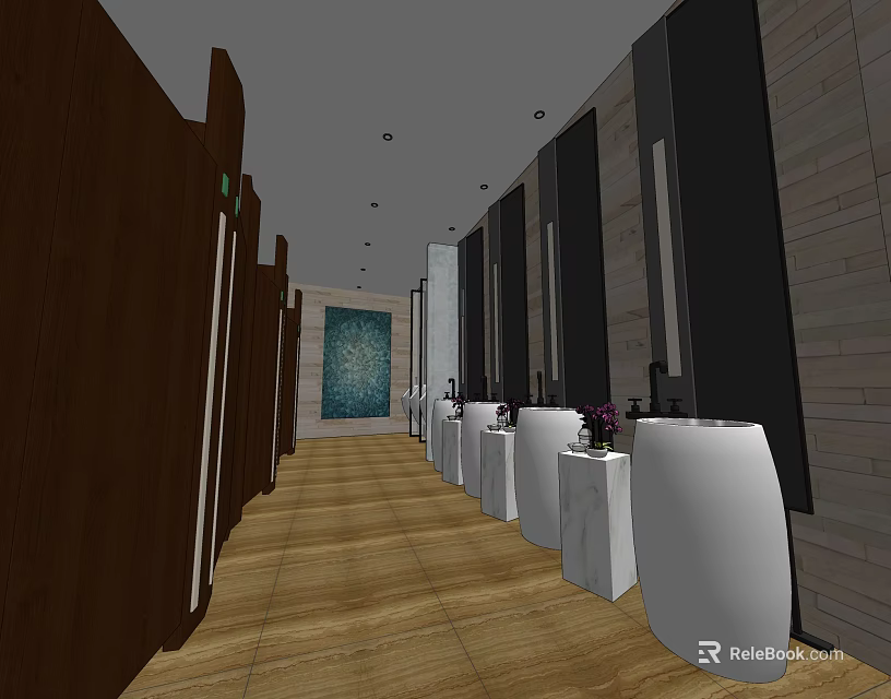 Modern Public Restroom Interior With Wooden Stalls White Sinks And Decorative Painting 3d model 