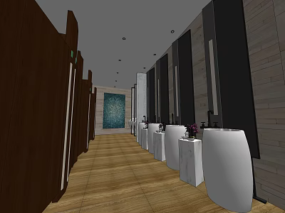 Modern Public Restroom Interior With Wooden Stalls White Sinks And Decorative Painting 3d model