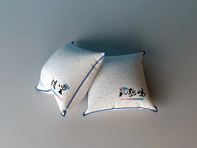 Light Gray Embroidered Decorative Pillows With Blue Trim And Patterns 3d model