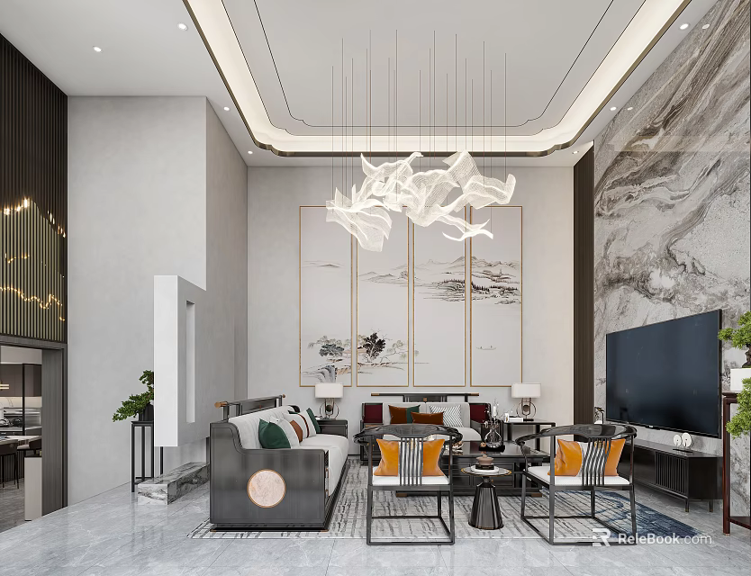 Modern Duplex Living Room Interior Design With Chandelier Marble Wall And Decorative Paintings 3d model 