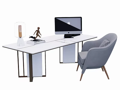 Modern Functional Desk with Computer Monitor Gray Chair Transparent Lamp and Decorative Figurine 3d model