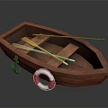 Wooden Boat Model Interior With Oars Life Ring And Anchor