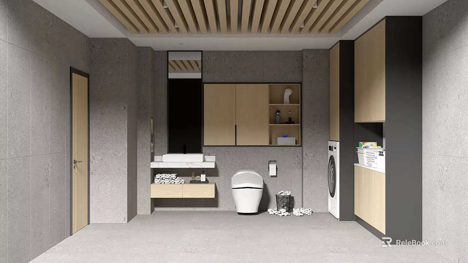 Modern Bathroom Interior With Grey Walls Wooden Ceiling Vanity Toilet And Washing Machine 3d model 