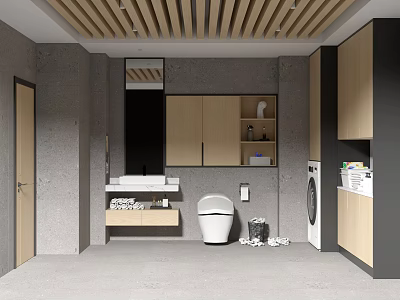 Modern Bathroom Interior With Grey Walls Wooden Ceiling Vanity Toilet And Washing Machine 3d model