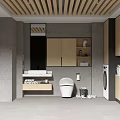 Modern Bathroom Interior With Grey Walls Wooden Ceiling Vanity Toilet And Washing Machine