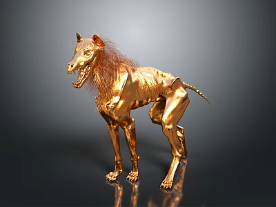 Golden Dog Like Creature Sculpture With Mane And Metallic Body On Gray Background 3d model