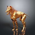Golden Dog Like Creature Sculpture With Mane And Metallic Body On Gray Background