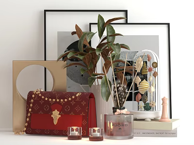 Stylish Decorative Ornament Set With Red Bag Green Leaf Plant Small Candles And Picture Frames 3d model