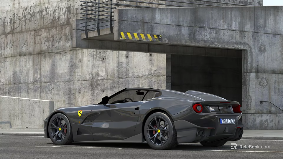 Gray Ferrari Sports Car Parked By Industrial Garage Entrance With Concrete Structure 3d model 