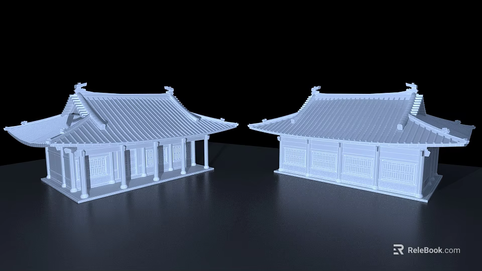 Two Traditional Chinese Architecture Models With Tiled Roofs And Overhanging Eaves 3d model 