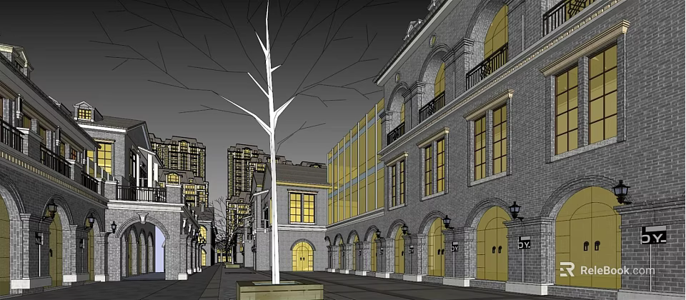 European Style Commercial Street With Arched Windows Yellow Lighting And Decorative Tree 3d model 