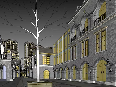 European Style Commercial Street With Arched Windows Yellow Lighting And Decorative Tree 3d model