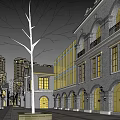 European Style Commercial Street With Arched Windows Yellow Lighting And Decorative Tree