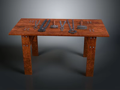 Wooden Workbench Surface With Various Tools Including Hammer Wrench And Pliers 3d model