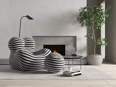 Black and White Striped Unique Design Armchair With Floor Lamp Fireplace And Potted Plant 3d model