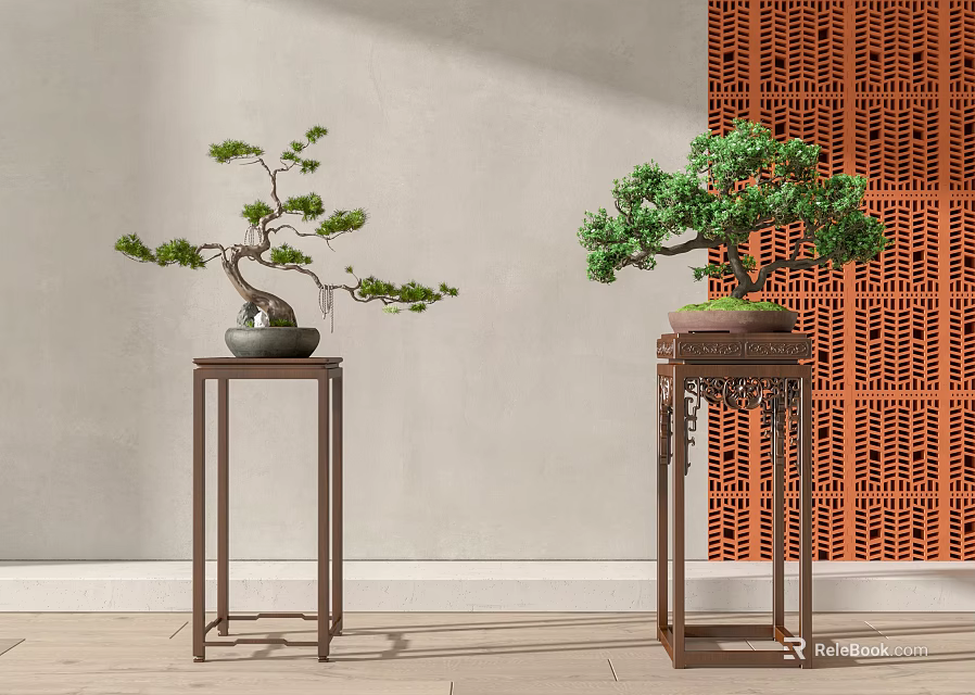Two Stylish Bonsai Trees On Wooden Stands Against Light Wall And Orange Decorative Screen 3d model 