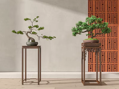 Two Stylish Bonsai Trees On Wooden Stands Against Light Wall And Orange Decorative Screen 3d model