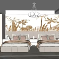 Kids Room Interior With Twin Beds Beige Bedding Palm Tree Animal Wall Decor And Chandelier