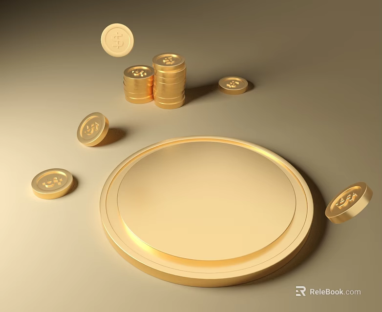 Luxurious Gold Sofa Coffee Table Set With Round Tray And Gold Coins Stacks 3d model 