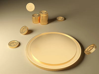 Luxurious Gold Sofa Coffee Table Set With Round Tray And Gold Coins Stacks 3d model