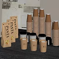 Stacked Brown Disposable Cups And Coffee Cups With Lids And Paper Bags