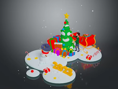 Modern Christmas Scene With Decorated Tree Colorful Gifts Red Sleigh Snowman And 2023 3d model