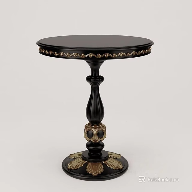 Elegant Black Round Side Table With Golden Ornate Base And Decorative Edge 3d model