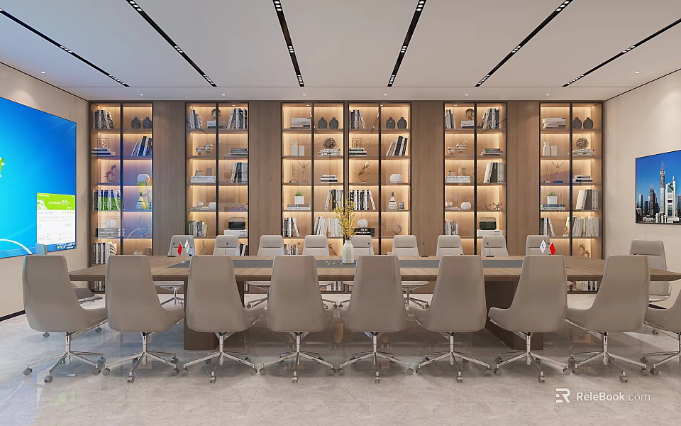 Modern Conference Room Interior With Long Table Light Gray Chairs And Wall Bookshelves 3d model 