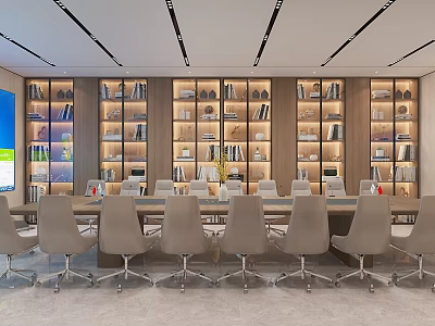 Modern Conference Room Interior With Long Table Light Gray Chairs And Wall Bookshelves 3d model