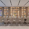 Modern Conference Room Interior With Long Table Light Gray Chairs And Wall Bookshelves